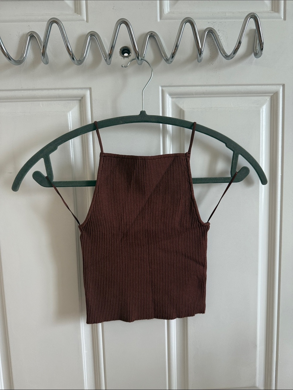 NAF NAF Ribbed Square-Neck Spaghetti Strap Crop Top - Brown - Picture 2 of 3